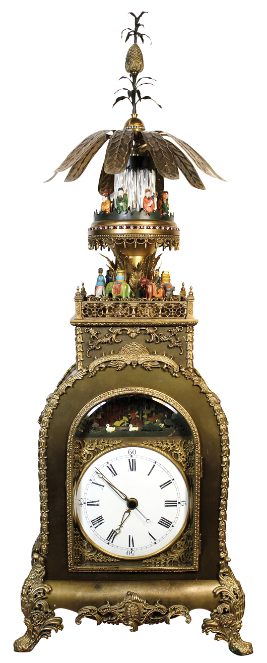 This rare Chinese gilt bronze triple-fusee eight-bell musical automaton bracket clock more than tripled its high estimate due to aggressive global bidding. It sold for over four times its high estimate, achieving $130,900. Clars Auction Gallery image