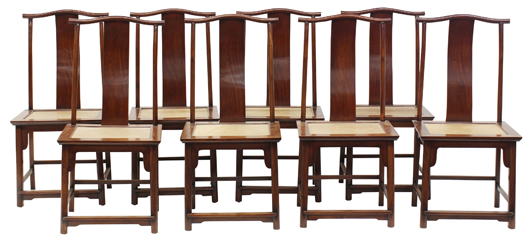 More than doubling the high estimate, this pair of Chinese huanghuali hardwood armchairs achieved $65,000. Clars Auction Gallery image