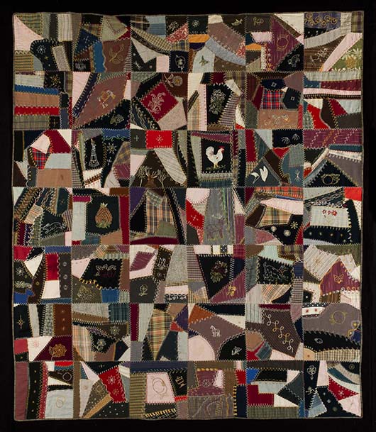 Dating to the late 19th century, crazy quilts get their name from the irregular fabric sections carefully jigsawed into an overall design. This wool and cotton quilt made in Maine around 1890 is embellished with fancy stitched motifs ranging from farm animals to the Statue of Liberty. Image courtesy Colonial Williamsburg