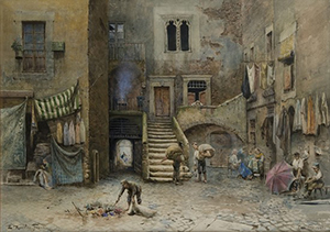Ettore Roesler Franz (Italy, 1845-1907) 'Roma, scena di vita al ghetto,' (Rome, Scene of Life in the Ghetto), 1880, watercolor on card, signed, titled and dated. Image courtesy of LiveAuctioneers.com archive and Minerva Auctions, Rome.
