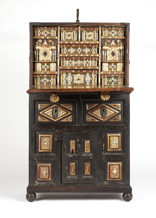 Dated to the 18th century, or possibly earlier, this Spanish wrought-iron mounted vargueno, a cabinet-desk with fall front, found popularity among online buyers, earning a final price tag of $11,637.50, well over the $3,000 to $5,000 estimate. John Moran Auctioneers image