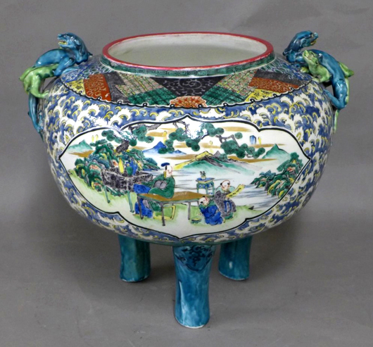 Antique hand-painted and gilt Japanese Kutani porcelain bowl with dragon handles, 14½in high by 18in wide, est. $600-$800. Sterling Associates image