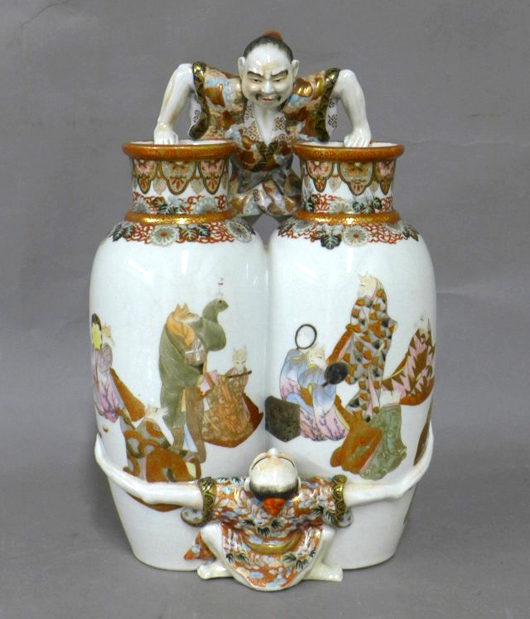 Antique Japanese Kutani hand-painted double vase with sculpted figures, 12½ in high, est. $2,000-$3,000. Sterling Associates image