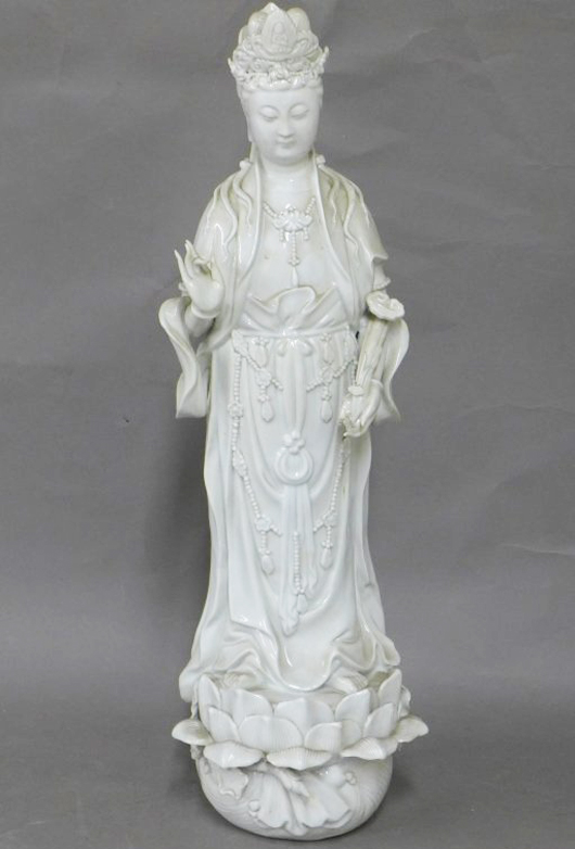 Chinese blanc de chine porcelain statue of Quan Yin, 22in high, est. $400-$600. Sterling Associates image
