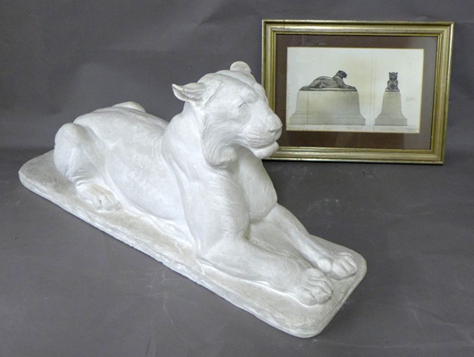 Signed Edgar Palmer plaster casting of Princeton tiger mascot together with Thomas Stapleton’s annotated circa-1937 architectural rendering for pedestal erected at Palmer Square in Princeton, N.J. Descent through Stapleton family. Est. $1,000-$1,500. Sterling Associates image