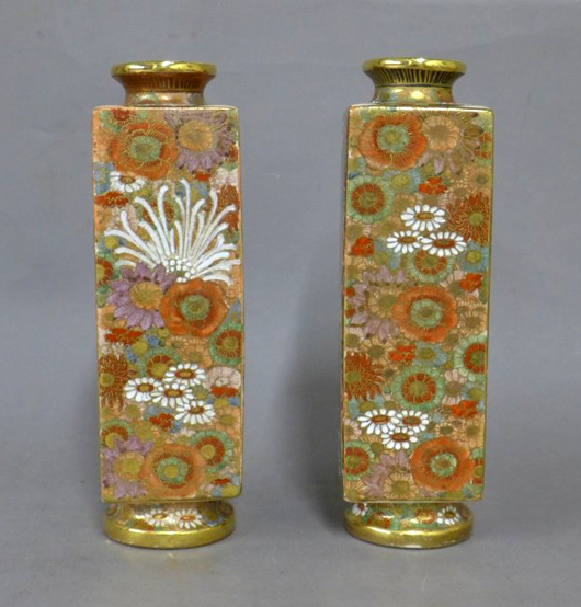 Pair of hand-painted gilt Japanese Satsuma vases, 8in high, est. $200-$300. Sterling Associates image