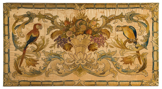 Eighteenth century Italian couched floss silk on silk satin textile, in the region of £5,000 from Marilyn Garrow Fine Textile Art. The Mayfair Antiques & Fine Art Fair image