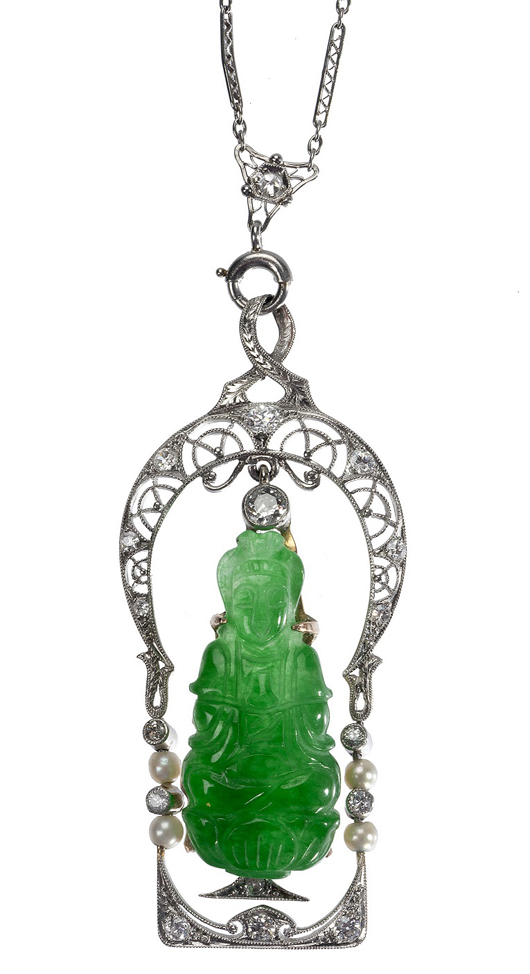 Imperial apple green carved jade, pearl, diamond and platinum Buddha pendant necklace, c1925, POA from T. Robert. The Mayfair Antiques & Fine Art Fair image