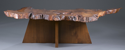 Mira Nakashima redwood root coffee table, est. $4,000-$6,000. Quinn & Farmer image