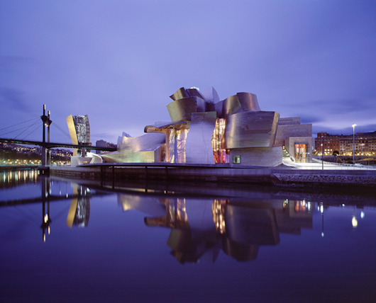 The Guggenheim Museum Bilbao, designed by architect Frank Gehry, is in Bilbao, Basque Country, Spain.