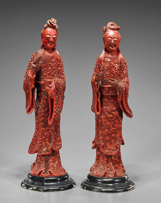 Pair of Japanese carved cinnabar lacquered wood beauties, 16in. I.M Chait Gallery / Auctioneers image