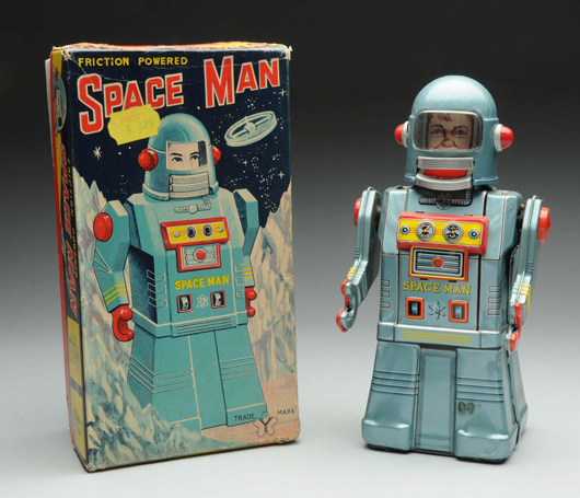 Japanese tin litho friction Space Man toy with colorful original box, est. $4,000-$8,000. Morphy Auctions image