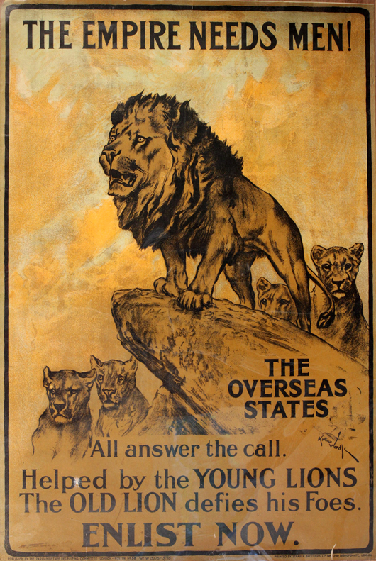Arthur Wardle (1864-1949) ‘The Empire Needs Men!’ original Parliamentary Recruiting Committee poster No. 58 printed by Straker Bros., January 1915, 76 x 51 cm. Onslows Auctioneers image