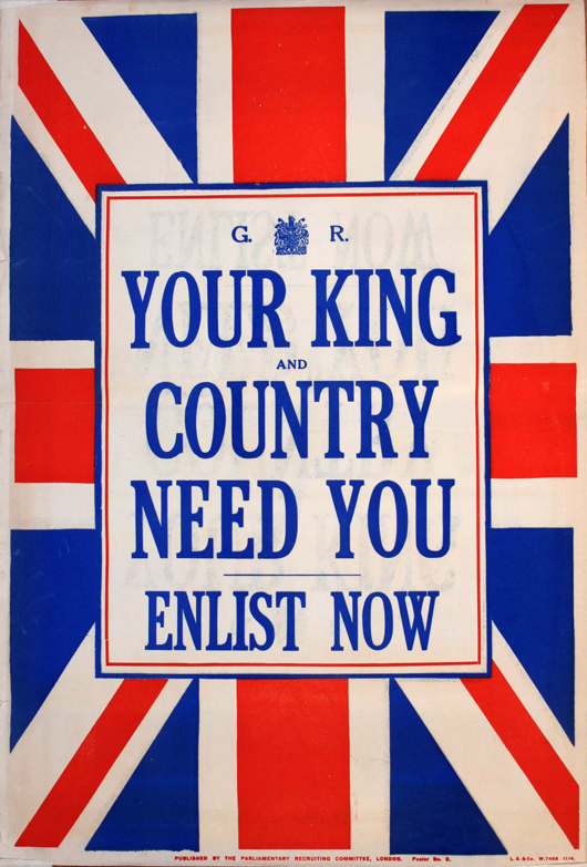 ‘Your King and Country Need You,’ original Parliamentary Recruiting Committee poster Nos 5, red and blue letterpress printed by L.S. & Co and Hazell Watson, October 1914, 76 x 50 cm. Onslows Auctioneers image