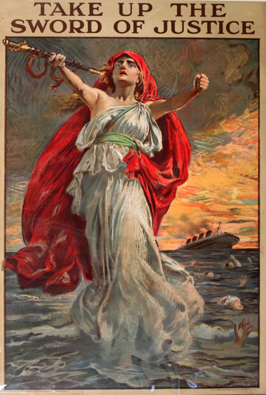 Bernard Partridge (1861-1945) ‘Take up the Sword of Justice,’ original Parliamentary Recruiting Committee poster No. 111 printed by David Allen, June 1915,  76 x 51 cm.  This famous recruiting poster was published two months after the sinking of the RMS Lusitania. Onslows Auctioneers image