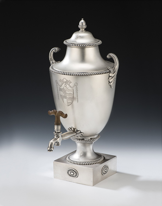 George III large silver tea/water urn, made in London in 1771 by Daniel Smith and Robert Sharp, £7,500, from Mary Cooke Antiques. The Mayfair Antiques & Fine Art Fair image