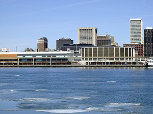 View of the Cobo Center from the Detroit River, where the 18th century British canon was discovered by divers. Image by Mike Russell. This file is licensed by the Creative Commons, Attribution-ShareAlike 3.0 Unported license.
