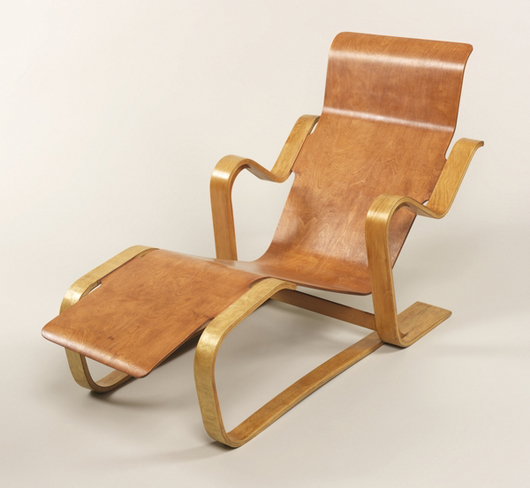 From the 'Making Design' exhibit: long chair, Estonia and London, England, 1936; Marcel Breuer (American, b. Hungary, 1902–81); Manufactured by Isokon Furniture Co. (London); Bent birch (frame), bent and molded birch-faced plywood (seat); 29 1/8 x 24 5/8 x 53 9/16 in.; Museum purchase through gift of George R. Kravis II, Anonymous Donor, and Judy Francis Zankel, 2013-17-1.