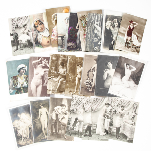 Twenty-three-piece vintage French and European risque nude postcard lot, including hand-colored photographic postcards. Estimate: $50-$100. Material culture image