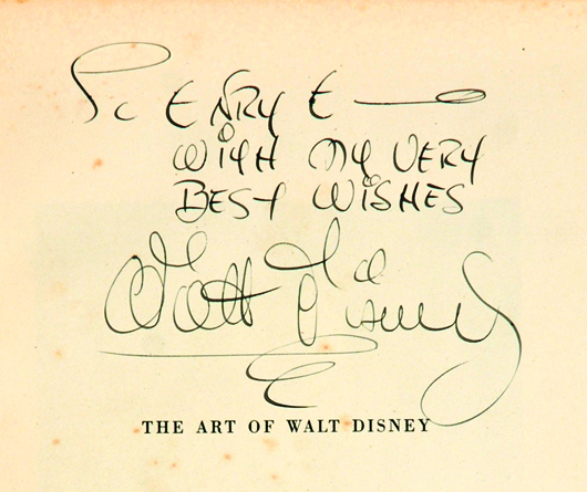 Lotto 24 – The Art of Walt Disney, con un raro autografo di Walt Disney, base di partenza €900, Courtesy Little Nemo