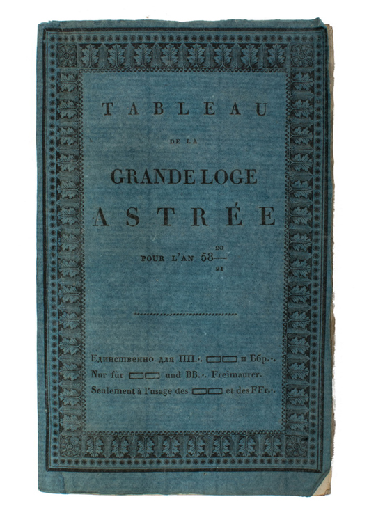 Lot 64 – Small masonic edition, ‘Table of the Grand Lodge Astrea,’ which existed in St. Petersburg from 1815 to 1822. Text in French, Deutch and Russian. Anticvarium image