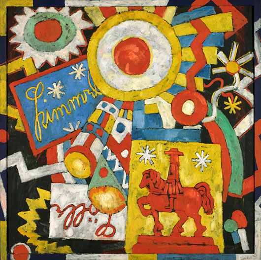 Marsden Hartley (American, 1877-1943) 'Himmel,' ca. 1914-1915, oil on canvas, unframed: 47 1/4 x 47 3/8 inches (120.02 x 120.33 cm), artist's painted frame: 49 9/16 x 49 9/16 x 2 inches (125.89 x 125.89 x 5.08 cm). Gift of the Friends of Art