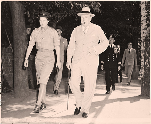  Mary Churchill and her father, Prime Minister Winston Churchill, at the at the Potsdam Conference in July 1945. Image courtesy of Wikimedia Commons.