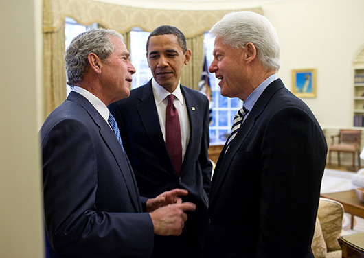 George W. Bush, President Obama and Bill Clinton meeting in the Oval Office, Jan. 16, 2010.  Official White House photo by Pete Souza, courtesy of Wikimedia Commons.