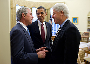 George W. Bush, President Obama and Bill Clinton meeting in the Oval Office, Jan. 16, 2010. Official White House photo by Pete Souza, courtesy of Wikimedia Commons.