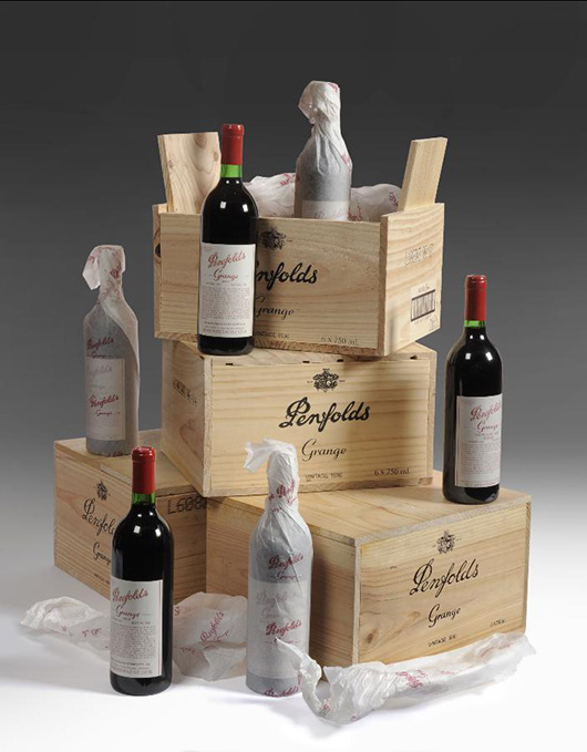 Penfolds Grange Bin 95 wines with vintages 1990 to 1996, a total of 24 bottles which sold for £4,100. Photo Tennants
