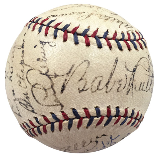 Baseball signed by 23 of the 1932 New York Yankees, including Babe Ruth, Lou Gehrig and other Hall of Famers, $115,242. Grey Flannel Auctions image