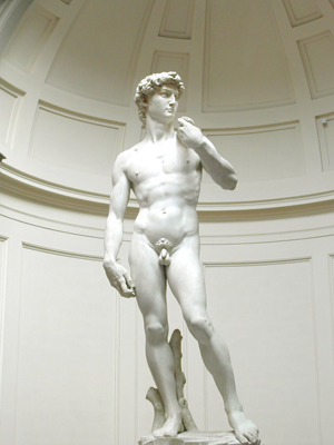 Michelangelo's David, 1504, in situ at Galleria dell'Accademia, Florence, Italy. Photo by David Gaya, GNU Free Documentation License.
