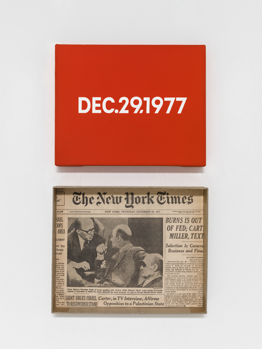 'On Kawara,' 'DEC. 29, 1977 Thursday,' From 'Today,'1966–2013, acrylic on canvas, 20.3 x 25.4 cm, pictured with artist-made cardboard storage boxes, 26.8 x 27.2 x 5 cm. Private collection. Photo: Courtesy David Zwirner 