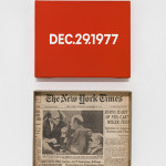 'On Kawara,' 'DEC. 29, 1977 Thursday,' From 'Today,'1966–2013, acrylic on canvas, 20.3 x 25.4 cm, pictured with artist-made cardboard storage boxes, 26.8 x 27.2 x 5 cm. Private collection. Photo: Courtesy David Zwirner
