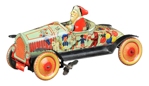 This Santa is a bit thinner than usual so he can fit in his vintage tin car. It's a windup toy made in Japan before 1940. The toy sold for $37,760 – more than three times its presale estimate – at a 2013 Bertoia auction in Vineland, N.J.