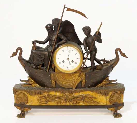French Chronos & Amour gilt and patinated figural bronze clock on a marble base ($13,475. S & S Auctions Inc. image