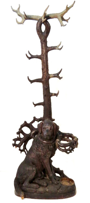 Fine and rare antique Black Forest carved hall rack with life-size, 30-inch dog. Sold for $19,600. S & S Auctions Inc. image