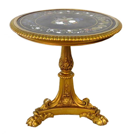 Lovely antique gilt carved center table with pietra dura stone-inlaid marble top. Sold for $11,025. S & S Auctions Inc. image  