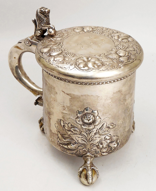 J. Tolstrup, Oslo, .830 silver tankard with ball and claw feet. Est. $800-$1,200. Stephenson's Auctioneers image
