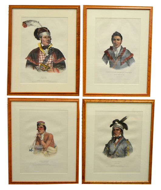 Set of 4 folio lithographs from 'History of the Native American Tribes of North America, printed in Philadelphia in 1838 for McKenney & Hall. Lot estimate $1,200-$3,000. Stephenson's Auctioneers image