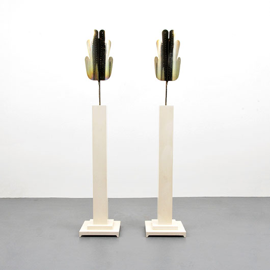 Tommi Parzinger floor lamps with pierced brass shades, $7,930. PBMA image