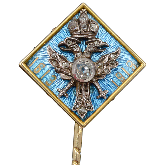 Faberge gold, diamond and guilloche enamel tie pin overlaid with Imperial Eagle with diamond, 1908-1917, .56 standard. Workmaster: Henrik Wigstrom. Bears 1613-1913 dates to represent 300th anniversary of Russian Imperial rule. Est. $10,000-$15,000. AGOPB image