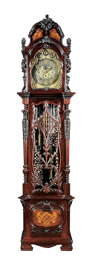 This elaborate mahogany tall case clock with nine tubes and two different chimes dates from about 1890. It auctioned recently for $13,743 at Neal Auction Co. in New Orleans.
