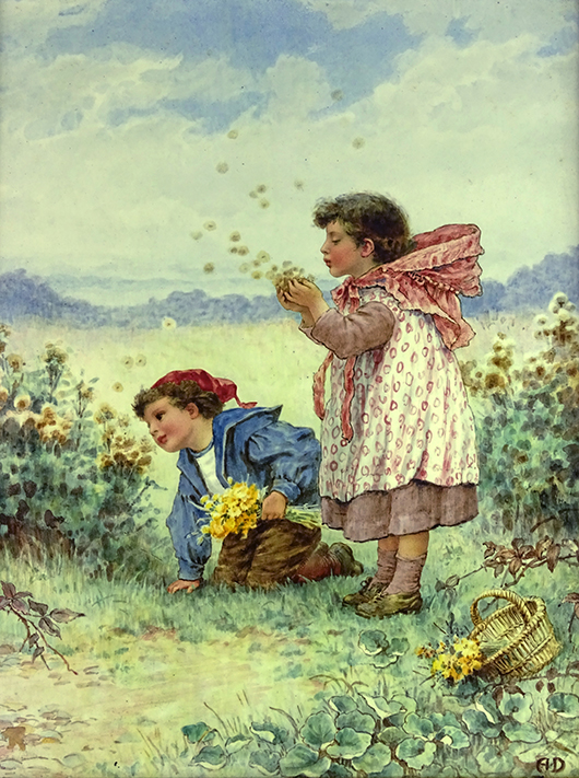 Circa 1900 English Doulton-Lambeth painted porcelain plaque, ‘Picking Flowers.’ Price realized: $7,670. Kodner Galleries image.