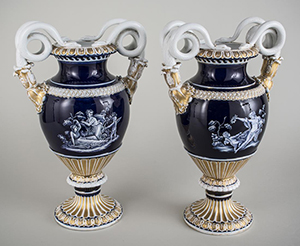 Pair of Meissen porcelain urns, each with a pair of snake-form handles. Sold for $7,800. Capo Auction image