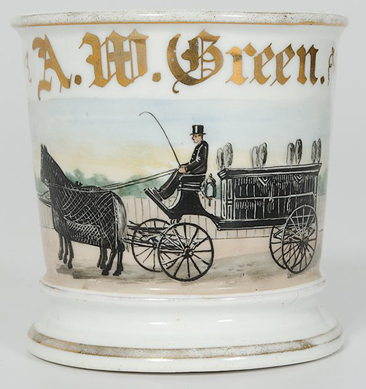 An occupational shaving mug depicting an undertaker's horse-drawn hearse. Image courtesy of LiveAuctioneers.com archive and Cowan's Auctions Inc.