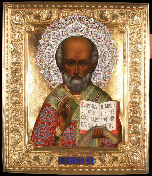 This Russian icon of St. Nicholas, measuring 12.5 x 10.5 inches, presented to Pope John Paul II by Boris Yeltsin, accompanied with excellent provenance, sold to a buyer from St. Petersburg, Russia for $143,750 at Jackson’s International Auction. Jackson’s International Auction image