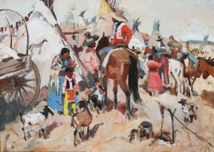 This oil on artist board painting of a festive Indian encampment by American artist LaVerne Nelson Black (1887-1938) sold for $115,000. Jackson’s International Auction image