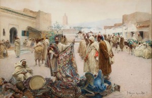 This watercolor painting by Italian artist Gustavo Simoni (1846-1926) depicting a carpet seller sold for $21,250. Jackson’s International Auction image
