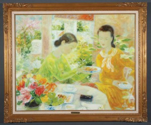 This 39-by-32-inch oil on canvas painting by Le Pho (French/Vietnamese 1907-2001) depicting two women drinking tea sold for $40,000. Jackson’s International Auction image